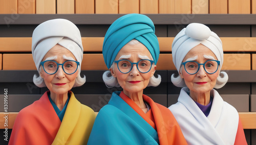 three smiling elderly women friends wearing a soft sponge towel enjoying the beneficial effects of the sauna