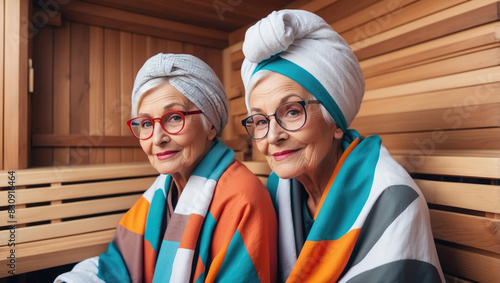 couple of smiling elderly women friends wearing a soft sponge towel enjoying the beneficial effects of the sauna