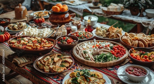 Feast Celebration: Traditional Eastern European (Lithuanian) Food Spread on Table photo