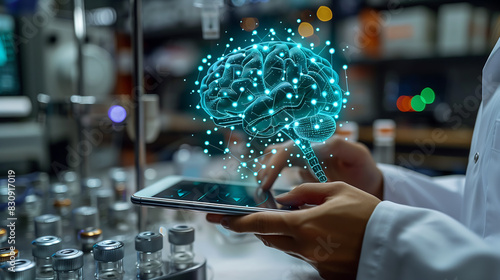 scientist is holding an tablet with holographic glowing brain floating above, scientific equipment artificial intelligence technology photo