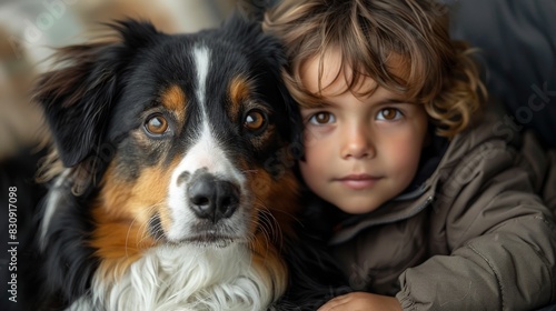 A heartwarming photo of a young boy with curly hair cuddling close to his black and white dog, both looking into the camera