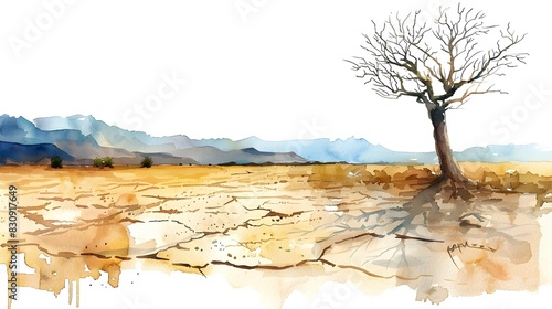Withered Landscape Watercolor Painting of Isolated Arid Terrain with Solitary Tree