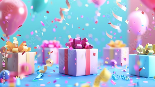 Festive celebration scene with colorful gift boxes, balloons, and confetti on a blue background. Perfect for party or holiday themes. © Pniuntg