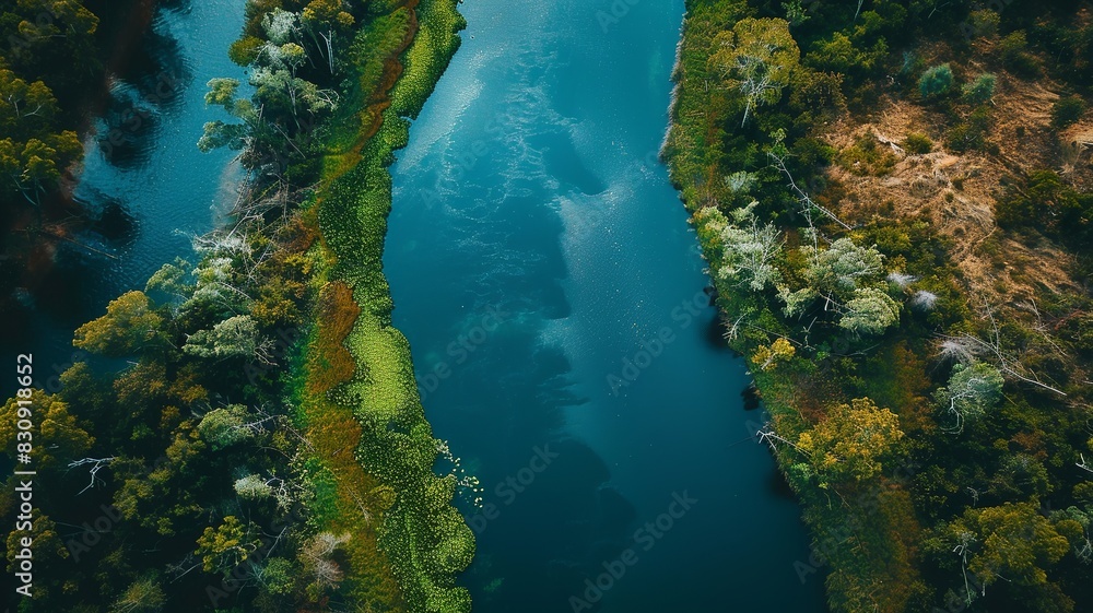 a bird's eye view of a river in the middle of the forest, a wonderful sight as it meanders through the trees. Generated by AI