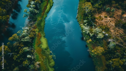 a bird's eye view of a river in the middle of the forest, a wonderful sight as it meanders through the trees. Generated by AI