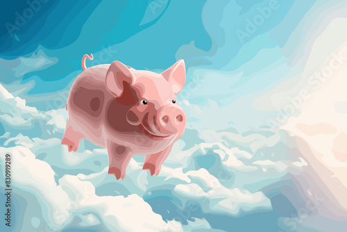 Happy pink piggy bank floating in the sky, symbolizing financial freedom and growth in retirement savings and investment profits.
