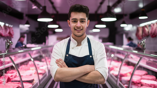 portrait of young caucasian male butcher at a modern meatshop