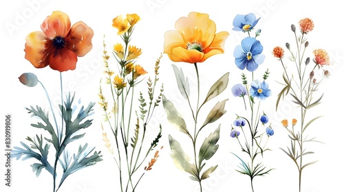 Colorful Assortment of Blooming Wildflowers and Botanicals in Scenic Watercolor