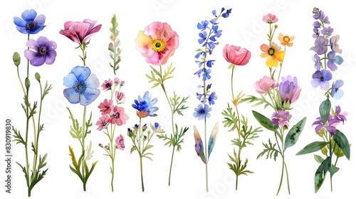 Colorful Assortment of Delicate Wildflowers and Botanical Blooms in Watercolor Style for Floral Design Nature Inspired Backgrounds and Botanical