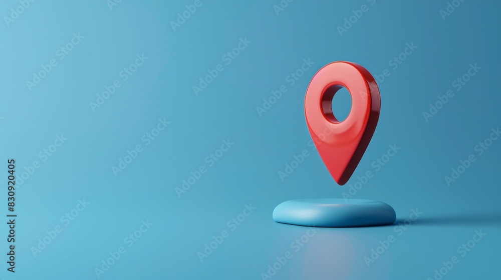 Minimalist 3D rendering of a red map pin floating above a blue platform on a light blue background, symbolizing location and navigation. Minimalist 3D rendering of a red map pin floating above a blue platform on a light blue background, symbolizing location and navigation.