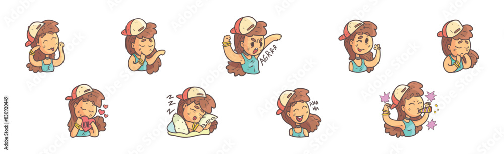 Cute Teenage Girl in Cap with Different Facial Expression Vector Set Cute Teenage Girl in Cap with Different Facial Expression Vector Set