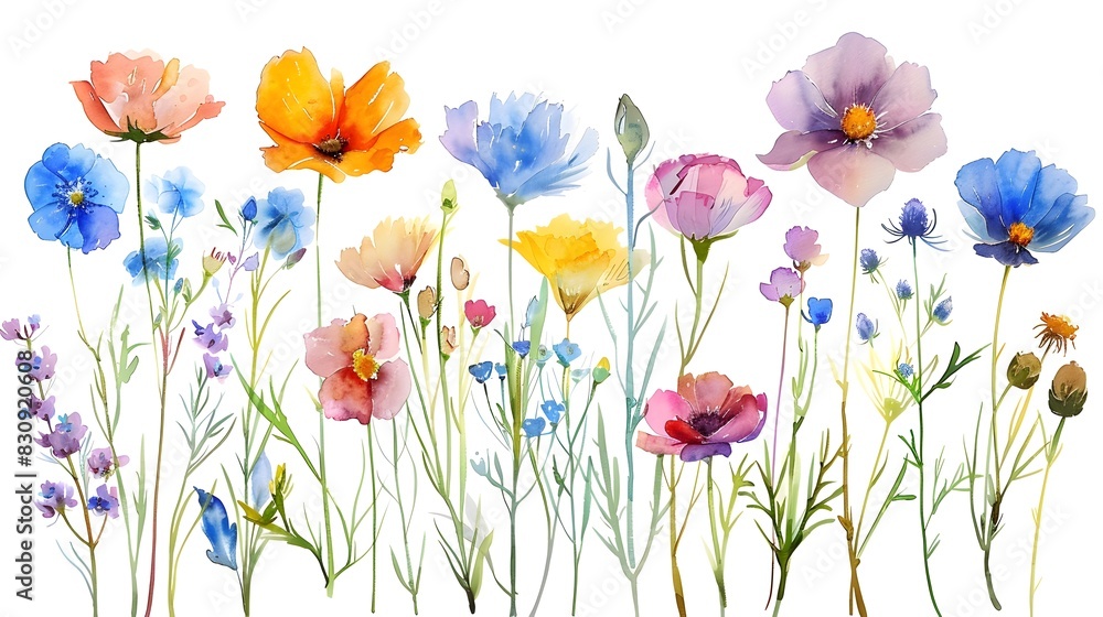 Fototapeta premium Colorful Wildflowers Blooming in Vibrant Natural Meadow or Garden Background
