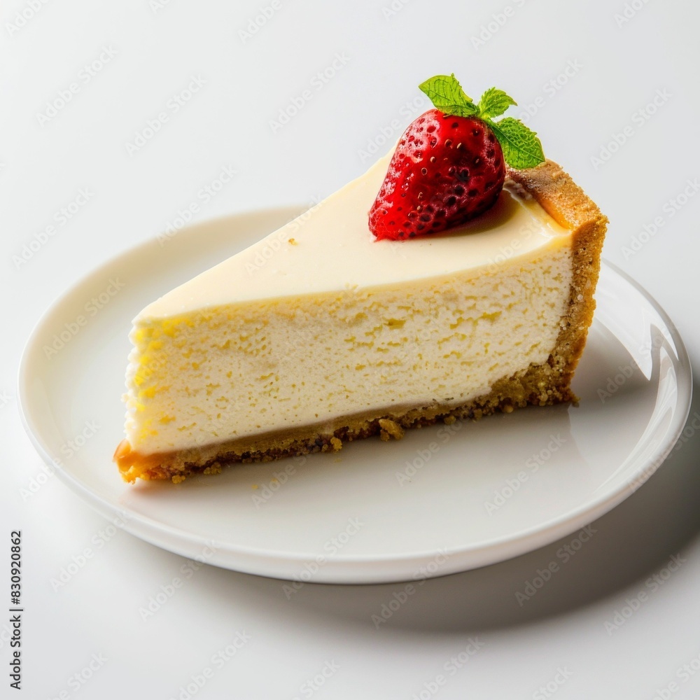 Classic New York cheesecake slice garnished with fresh strawberry on a white plate. Generative ai. Classic New York cheesecake slice garnished with fresh strawberry on a white plate. Generative ai.
