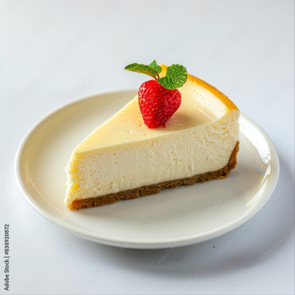 Classic New York cheesecake slice garnished with fresh strawberry on a white plate. Generative ai. Classic New York cheesecake slice garnished with fresh strawberry on a white plate. Generative ai.