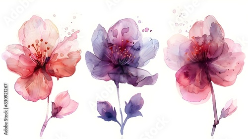 Fototapeta Naklejka Na Ścianę i Meble -  Delicate Watercolor Paintings of Vibrant Summer Flowers Blooming on a Pristine White Background