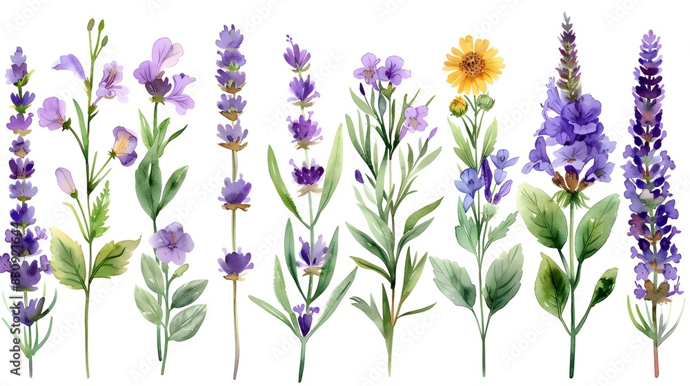 Obraz premium Enchanting Lavender Sprigs in Watercolor Painting on White Background