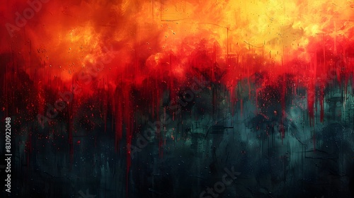 Fiery abstract landscape with intense dramatic and surreal elements evoking a sense of chaos heat and danger in a dystopian fantasy world