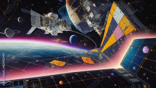 Animated transforming space control room with view of planets and Universe in dark pastel style. Generative AI animation with clock-wise camera movement