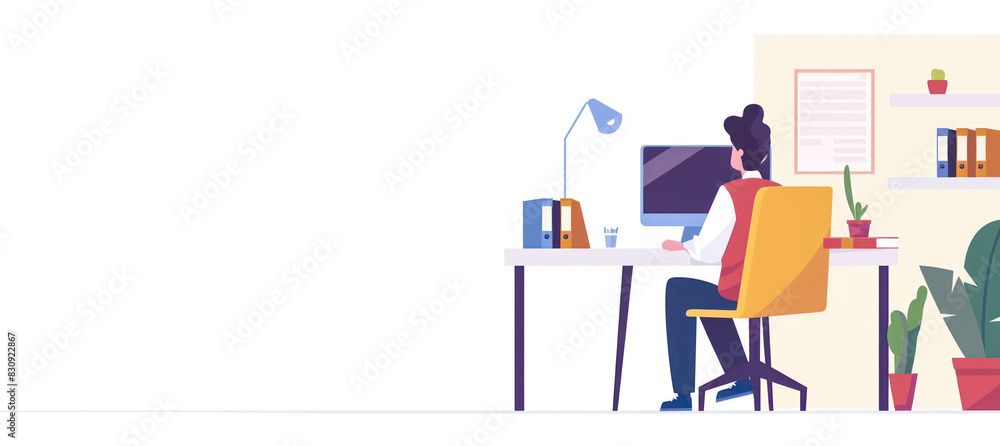Office manager working on computer. Businessman sitting on a chair at the office Desk. flat illustration character design isolated on white background. Back view, copy space. Job vacancy, freelancer