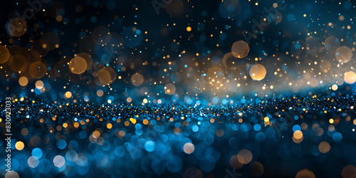 Background of abstract glitter lights bokeh blured blue gold and black de focused banner background