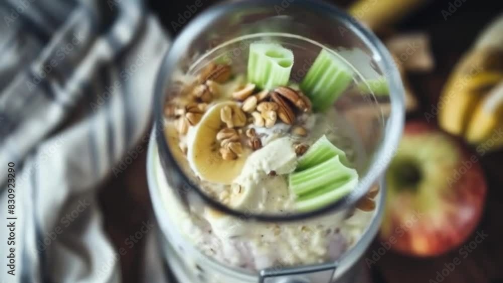 Making a Smoothie with Celery, Bananas, and Nuts, Healthy and Delicious, Kitchen Scene Making a Smoothie with Celery, Bananas, and Nuts, Healthy and Delicious, Kitchen Scene