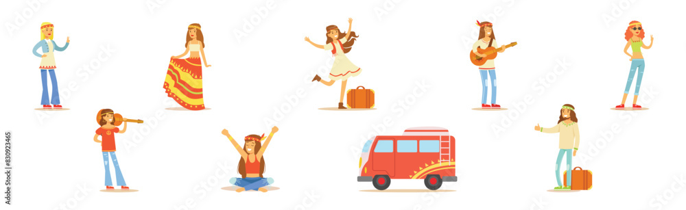 Man and Woman Hippie Character Dressed In Classic Subculture Clothes Vector Set