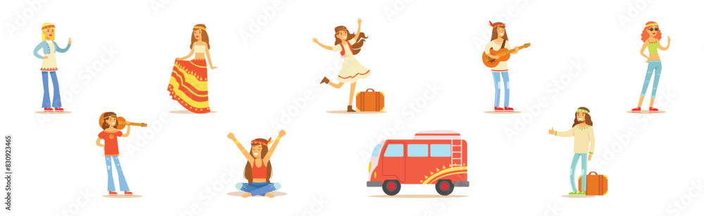Man and Woman Hippie Character Dressed In Classic Subculture Clothes Vector Set Man and Woman Hippie Character Dressed In Classic Subculture Clothes Vector Set