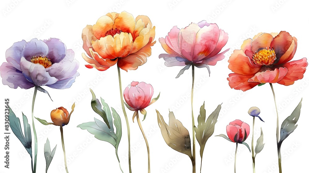Fototapeta premium Vibrant and Delicate Watercolor Paintings of Summer Flowers in Bloom on a Pristine White Background