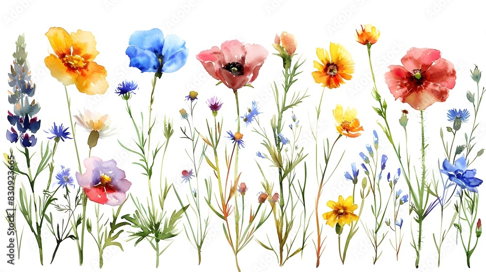 Vibrant and Delicate Watercolor Wildflowers Blooming in a Meadow Vibrant and Delicate Watercolor Wildflowers Blooming in a Meadow