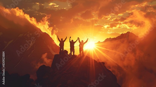 silhouette of a persons jumping on top of mountain at sunset #830923884