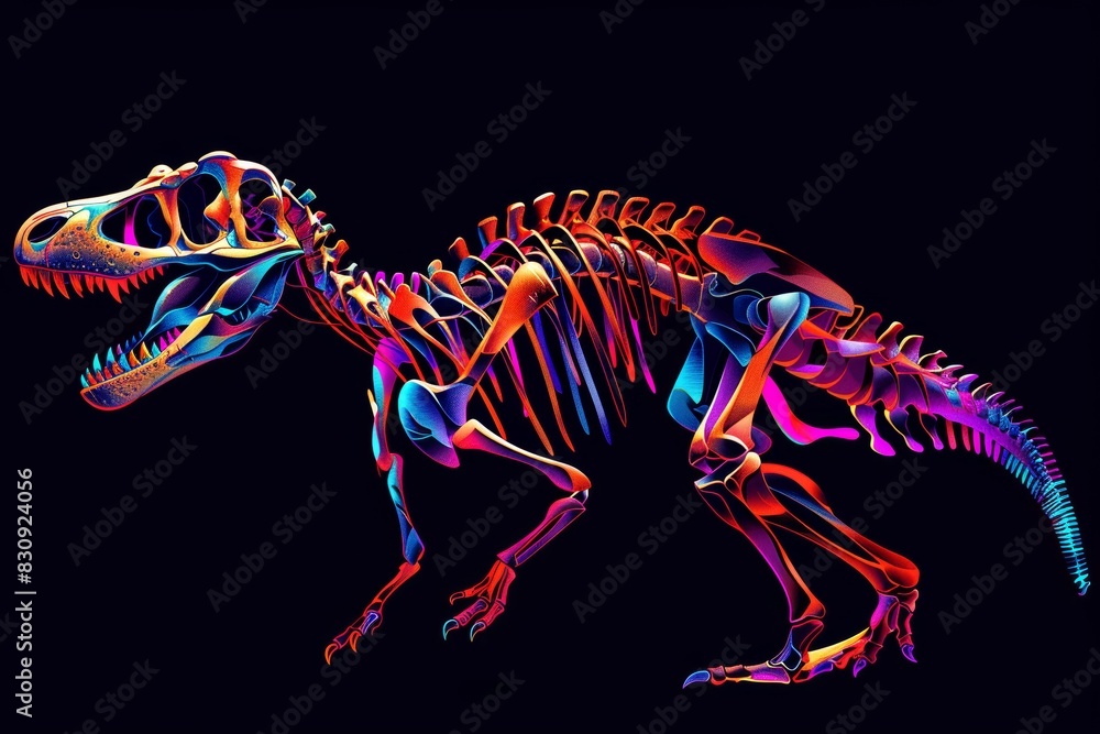 Radiant pink blue purple neon holograms depict skeletal dinosaur silhouettes, showcasing the fusion of technology and prehistoric imagery.