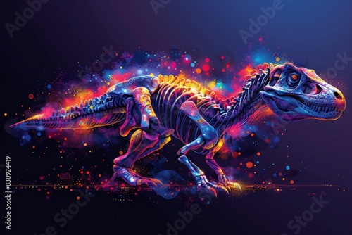 Radiant pink blue purple neon holograms depict skeletal dinosaur silhouettes  showcasing the fusion of technology and prehistoric imagery.