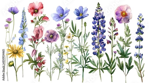 Vibrant Assortment of Colorful Wildflowers and Botanical Foliage in a Lush Natural Garden Setting