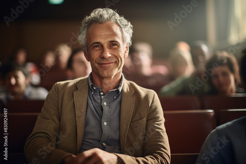 Portrait of happy middle aged male teacher smiling at the camera in classroom generative AI
