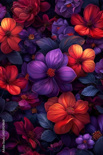 Red and Purple Flowers Arrangement on Black Background