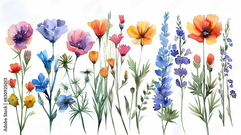 Fototapeta premium Vibrant Botanical Arrangement of Diverse Floral Blooms in Serene Natural Setting