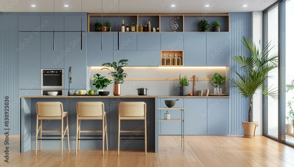 Minimalist interior design of a modern kitchen with blue cabinets and a ...