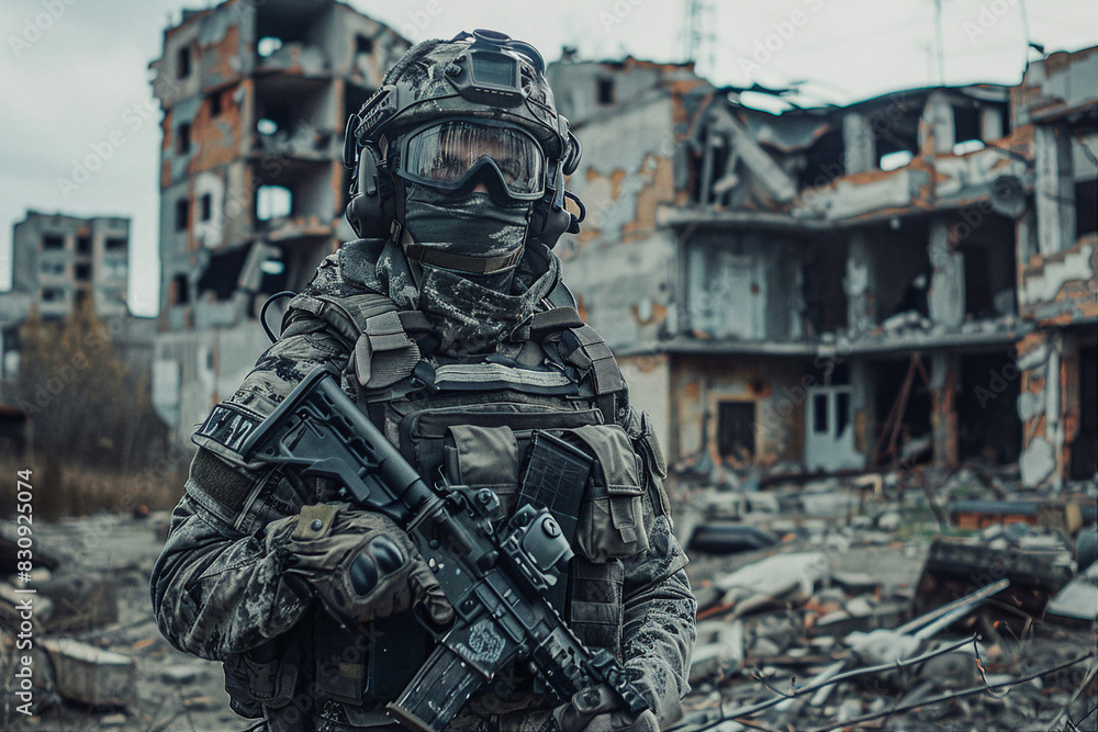 Portrait of a soldier with a weapon during a military operation made with generative AI Portrait of a soldier with a weapon during a military operation made with generative AI