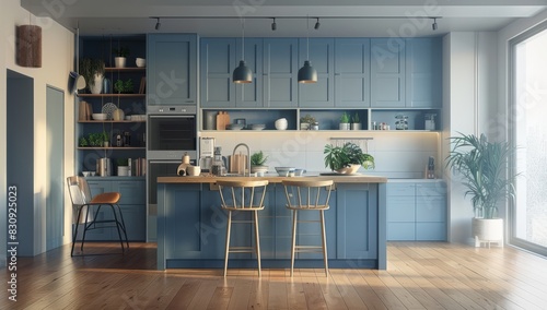 Minimalist interior design of a modern kitchen with blue cabinets and a light wood floor featuring an island, bar chairs, pendant lights, built-in shelves, generated with AI photo