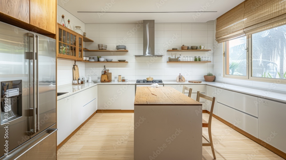 Fototapeta premium Frontal view inox refrigerator in a kitchen with table and chairs, kitchen, wooden cabinets, house kitchen on a sunny day, stunning image, overheard camera view, generated with AI
