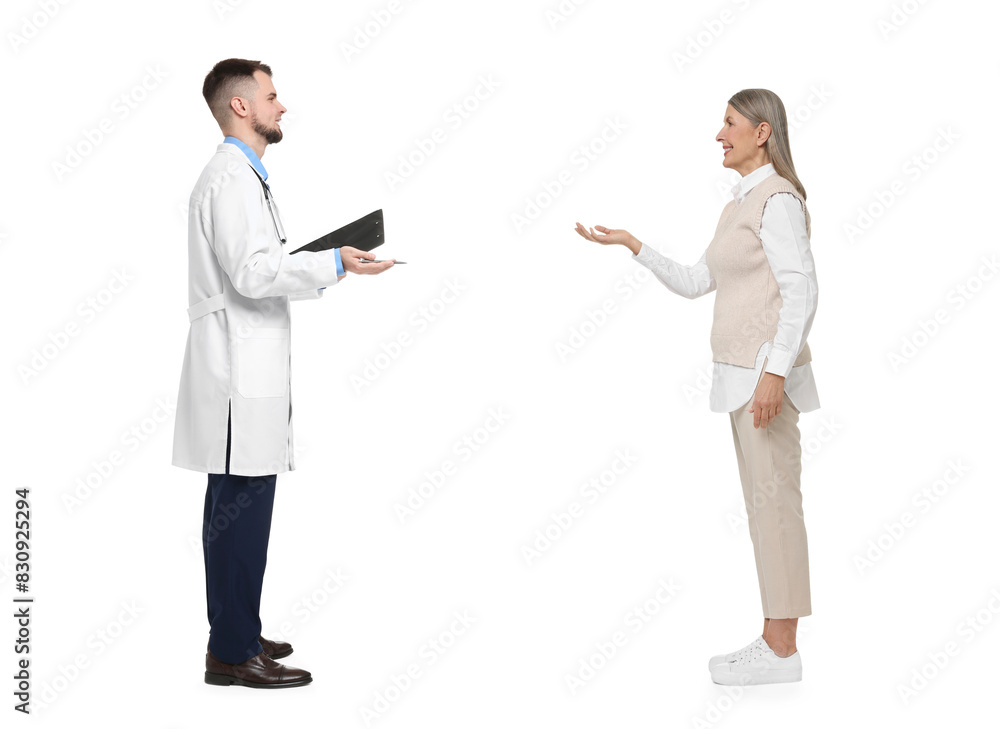 Doctor and senior woman talking on white background. Dialogue Doctor and senior woman talking on white background. Dialogue