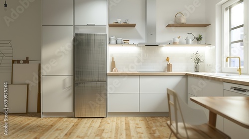 Frontal view inox refrigerator in a kitchen with table and chairs  kitchen  wooden cabinets  house kitchen on a sunny day  stunning image  overheard camera view  generated with AI