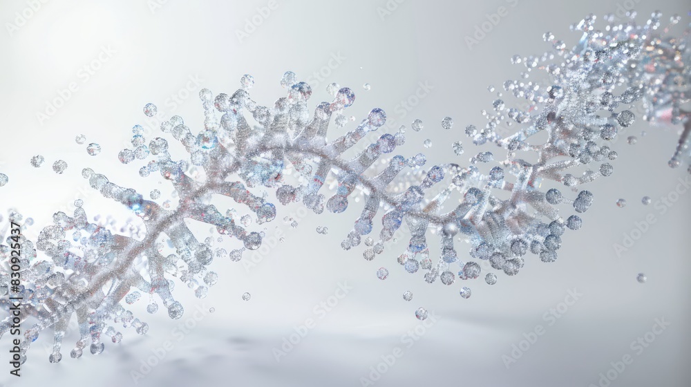 DNA helix structure, D design, made of particles, particle sizes, pure white background, generated with AI