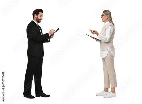 Two business people talking on white background. Dialogue