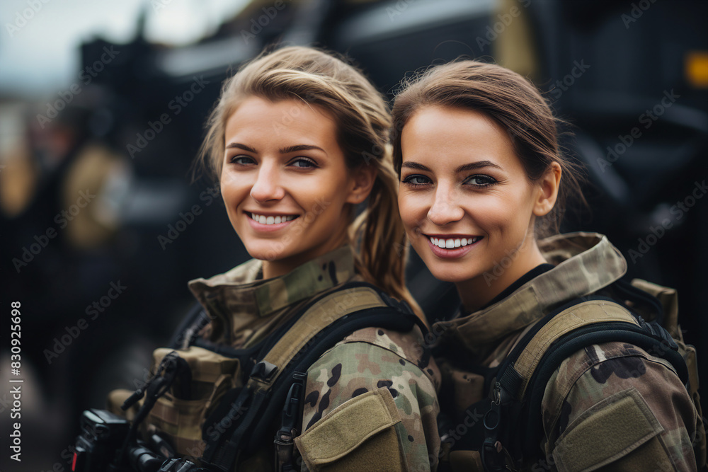 Fototapeta premium Two women in military uniform created with generative AI