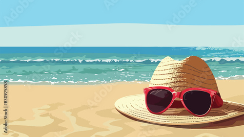 Hat with beautiful sunglasses on sand near sea closeu © Memona