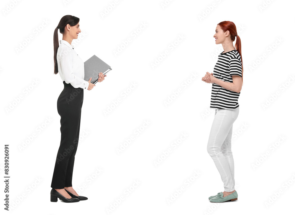 Dialogue. Two women talking on white background