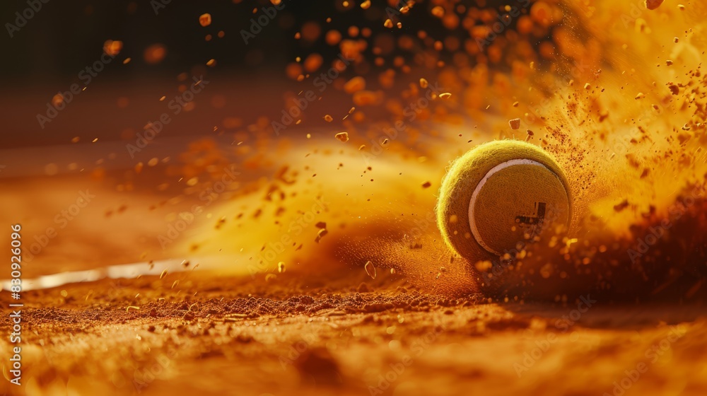 Manga style, close up on a tennis ball bouncing on the clay of roland garros, ocher powder and particles, graphical design, generated with AI