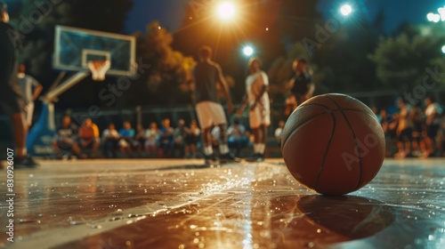 Low angle shot of a basketball court with a ball in the background of spectators cheering for the game, rim light, generated with AI