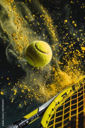 Macro detail of a yellow tennis ball hitting a racket, yellow powder, generated with AI